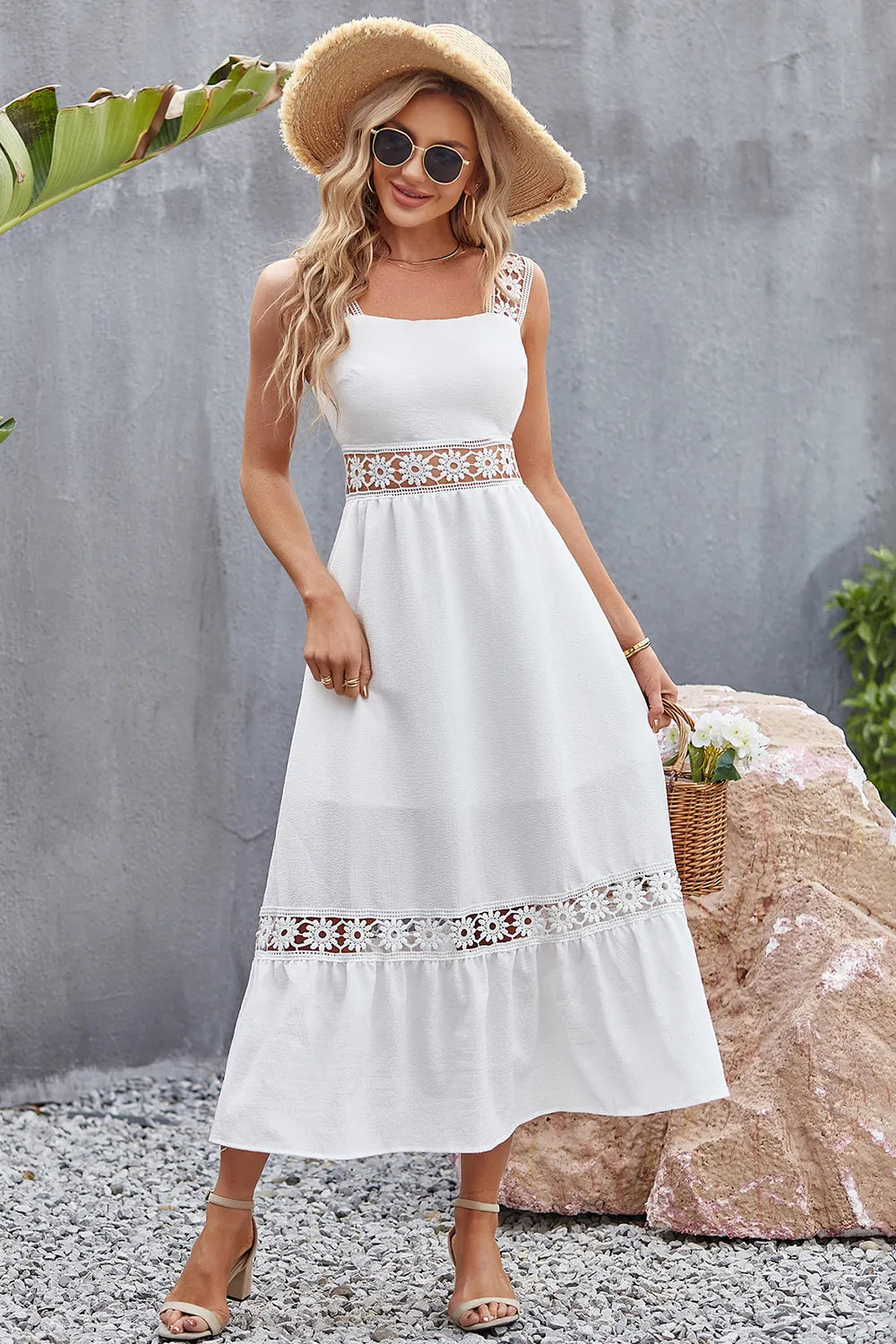 Flower Crochet Wide Strap Midi Dress – plusminusco.com