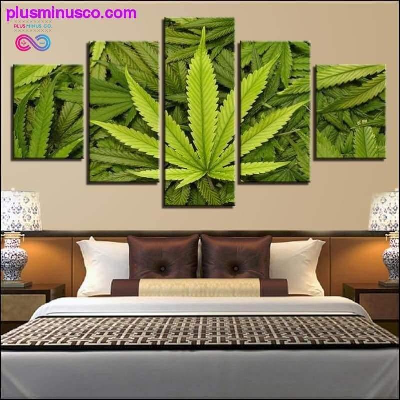 5 Pieces Abstract Green Leaves Canvas Paintings HD Prints - plusminusco.com