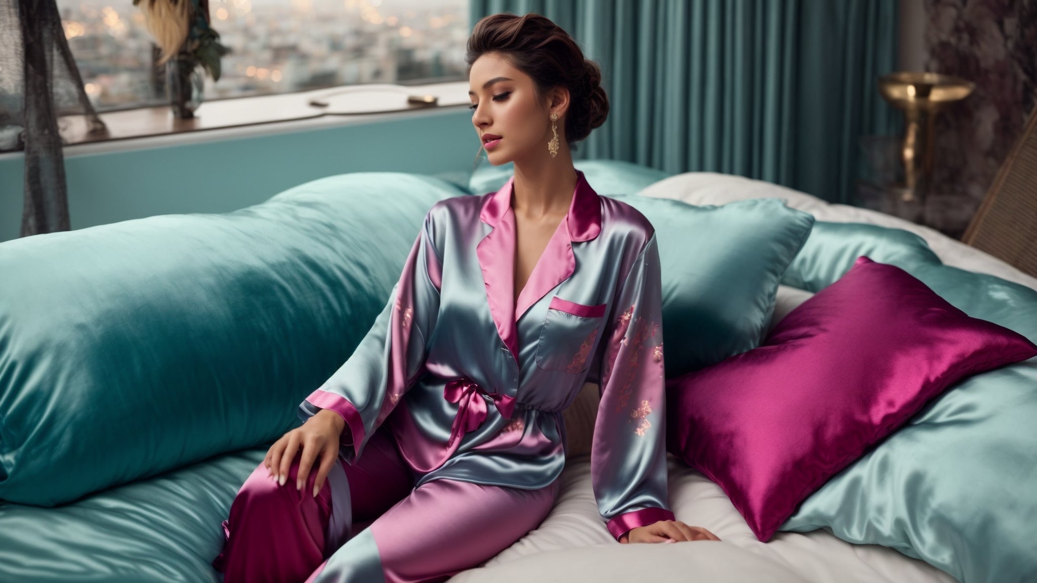 Kogege võrratut elegantsi naiste siidist satiinist pidžaamakomplektiga pikkade varrukatega magamiskostüümiga