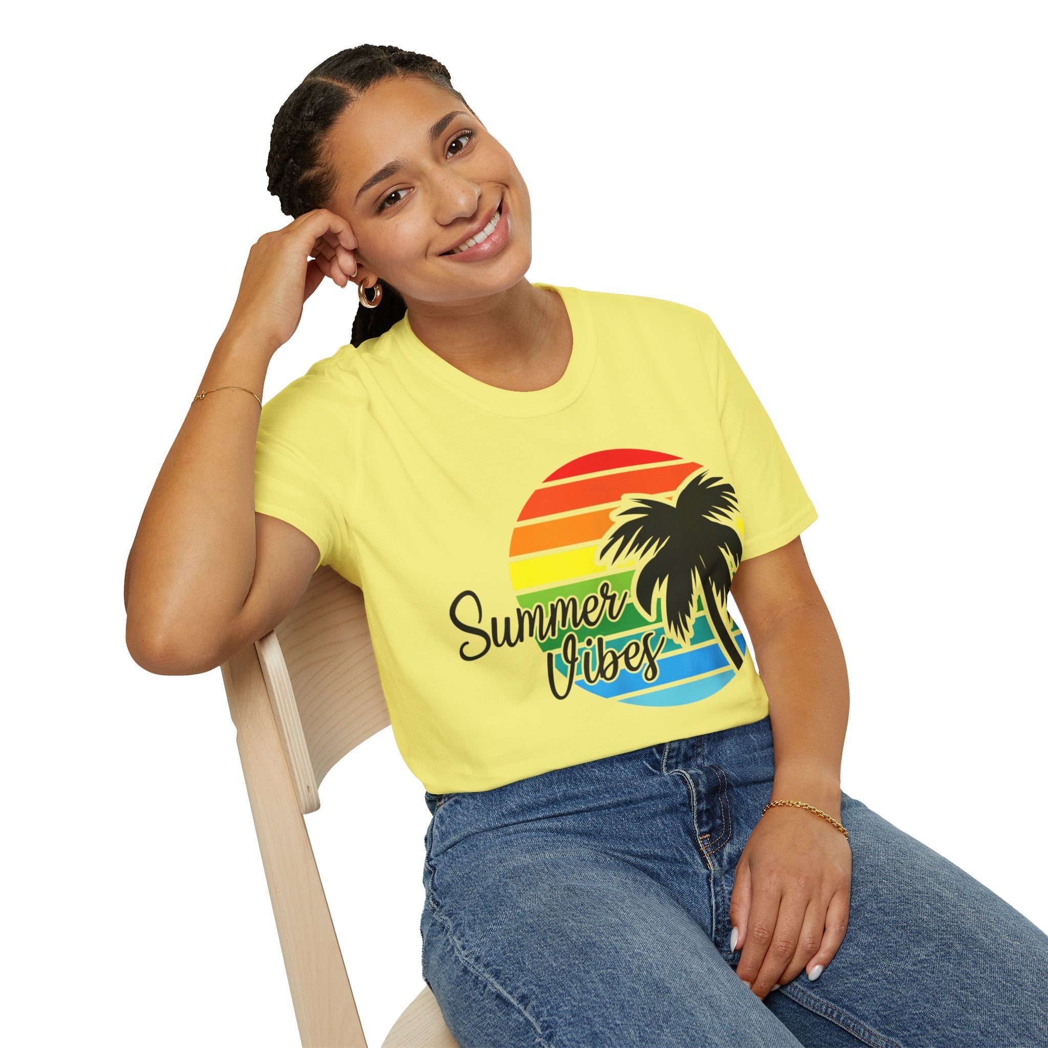 Рэтра-пляжная летняя атмасфера, закат і пальмы, унісекс, мяккая футболка - plusminusco.com