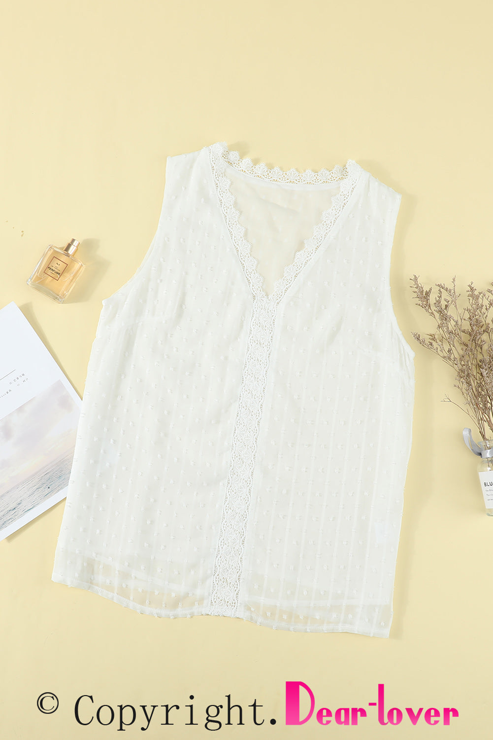 White Crochet V Neck Textured Tank Top