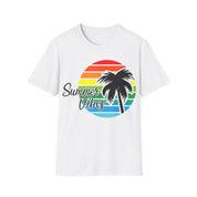 Retro Beach Summer Vibe Coucher de soleil et palmiers T-shirt softstyle unisexe - plusminusco.com