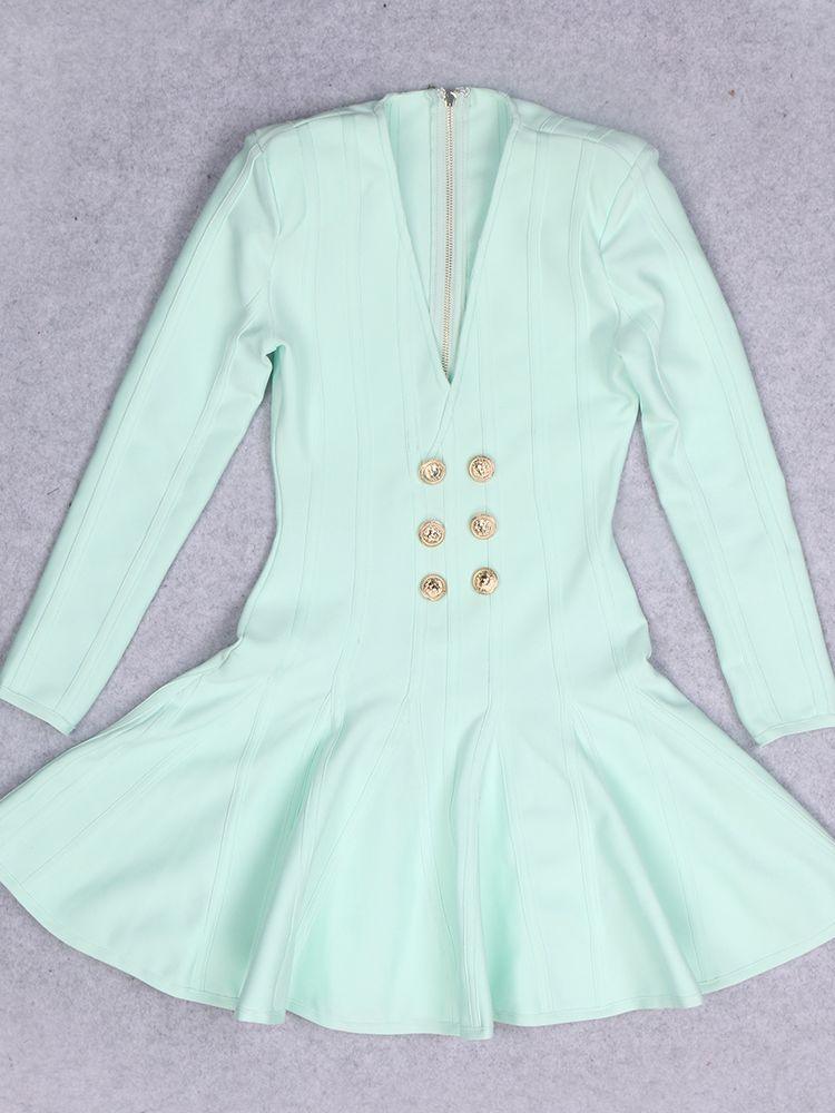 Women's V-neck Bandage Dress A-line Sexy Long Sleeve Button Club Celebrity Elegant Evening Mini Party Dress - plusminusco.com