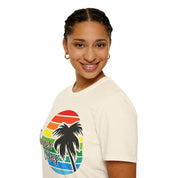 T-shirt unisex Softstyle Retro Beach Summer Vibe Zachód słońca i palmy - plusminusco.com