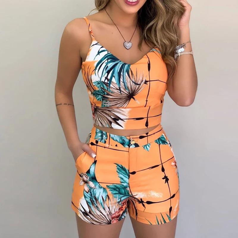 2Pieces Sets Summer Women Shorts Suits Office Lady Floral Strap Tank Crop Top+High Waist Button Shorts Female Outfits - plusminusco.com