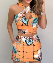 2Pieces Sets Summer Women Shorts Suits Office Lady Floral Strap Tank Crop Top+High Waist Button Shorts Female Outfits - plusminusco.com