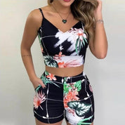 2Pieces Sets Summer Women Shorts Suits Office Lady Floral Strap Tank Crop Top+High Waist Button Shorts Female Outfits - plusminusco.com