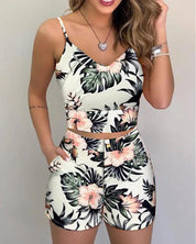 2Pieces Sets Summer Women Shorts Suits Office Lady Floral Strap Tank Crop Top+High Waist Button Shorts Female Outfits - plusminusco.com