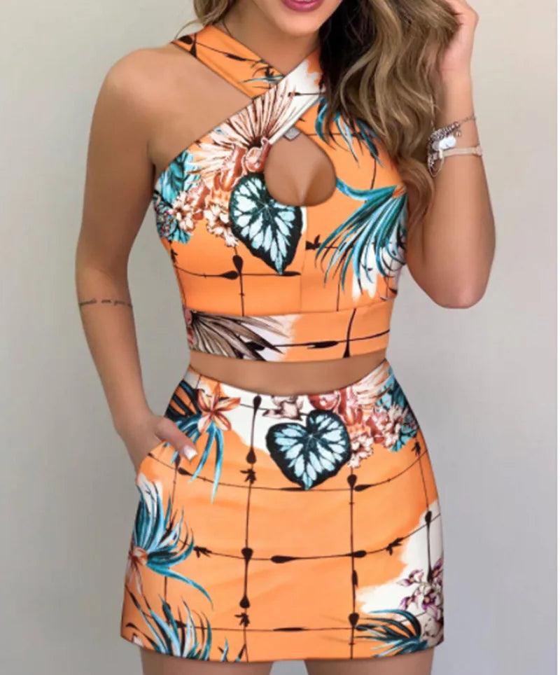 2Pieces Sets Summer Women Shorts Suits Office Lady Floral Strap Tank Crop Top+High Waist Button Shorts Female Outfits - plusminusco.com