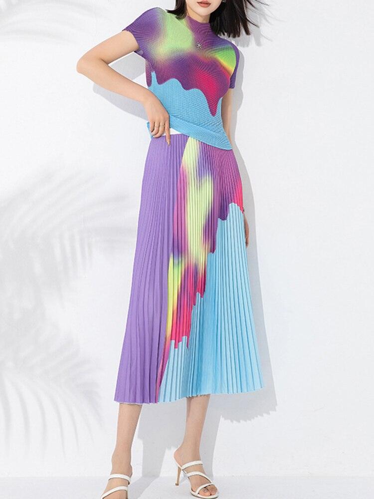 Summer Pleated Two Piece Sets For Women Short Sleeve Mock Neck Contrast Color Tops Elegant Elastic Waist Skirt - plusminusco.com