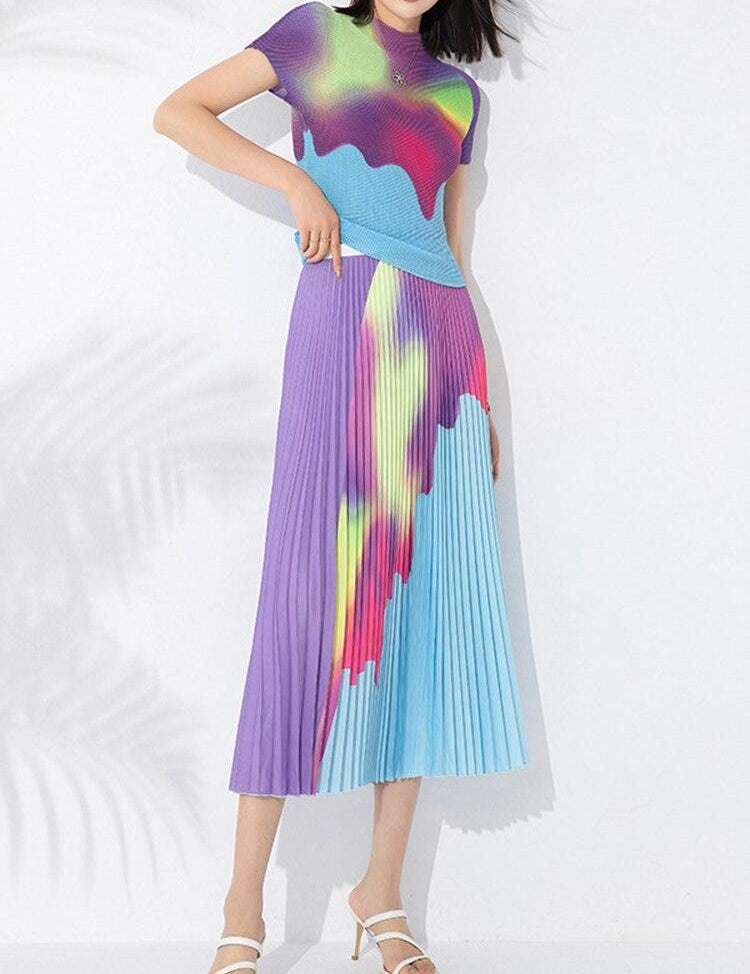 Ljetni plisirani dvodijelni kompleti za žene kratkih rukava s lažnim izrezom, gornji dijelovi kontrastne boje, elegantna suknja s elastičnim strukom - plusminusco.com