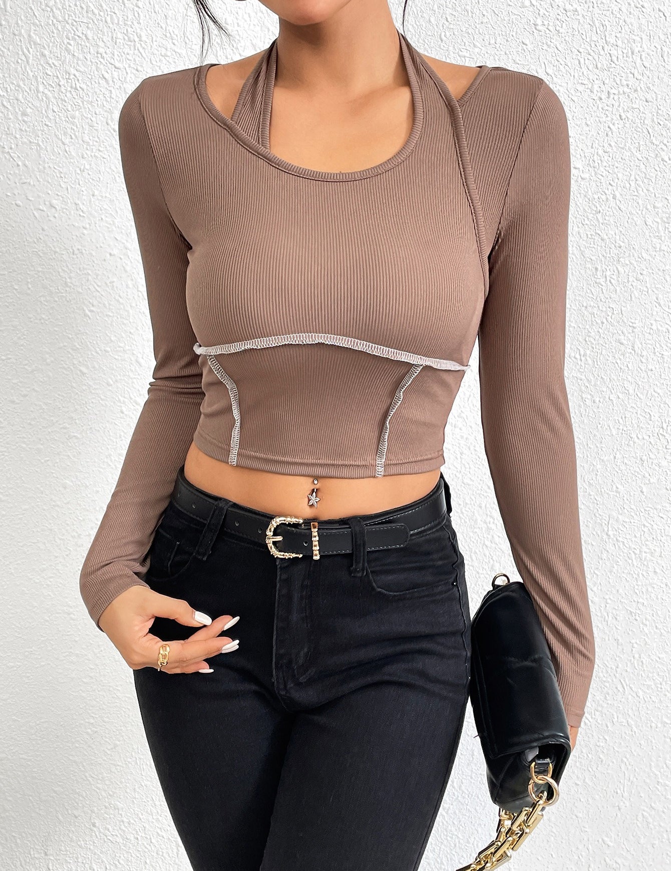 Slim fit knitted long sleeved sewing thread exposed hanging neck T-shirt fashion top - plusminusco.com