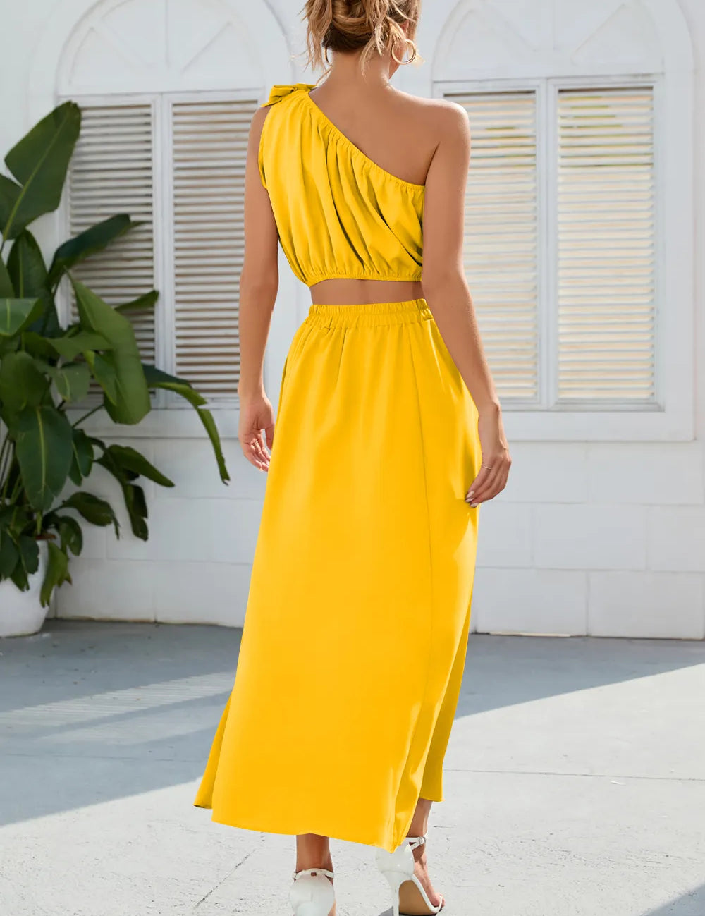 Ruched One Shoulder Top and Slit Skirt Set