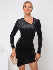 Oblique slim fit long sleeved mini skirt velvet party dress - plusminusco.com