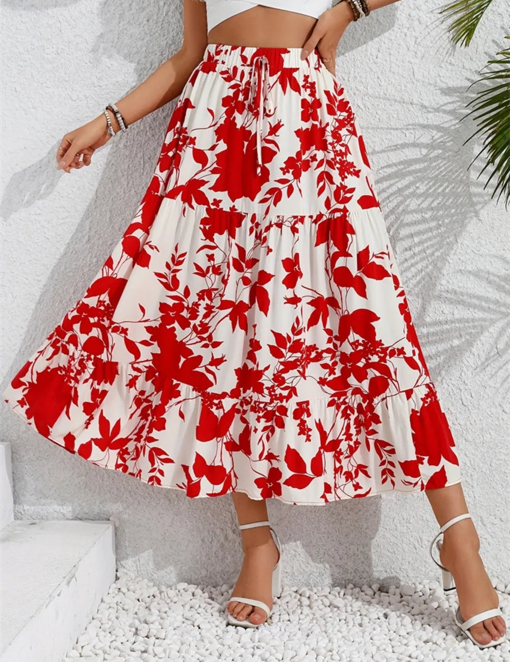 Ruffled Hem Printed Midi Skirt