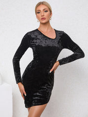 Oblique slim fit long sleeved mini skirt velvet party dress - plusminusco.com