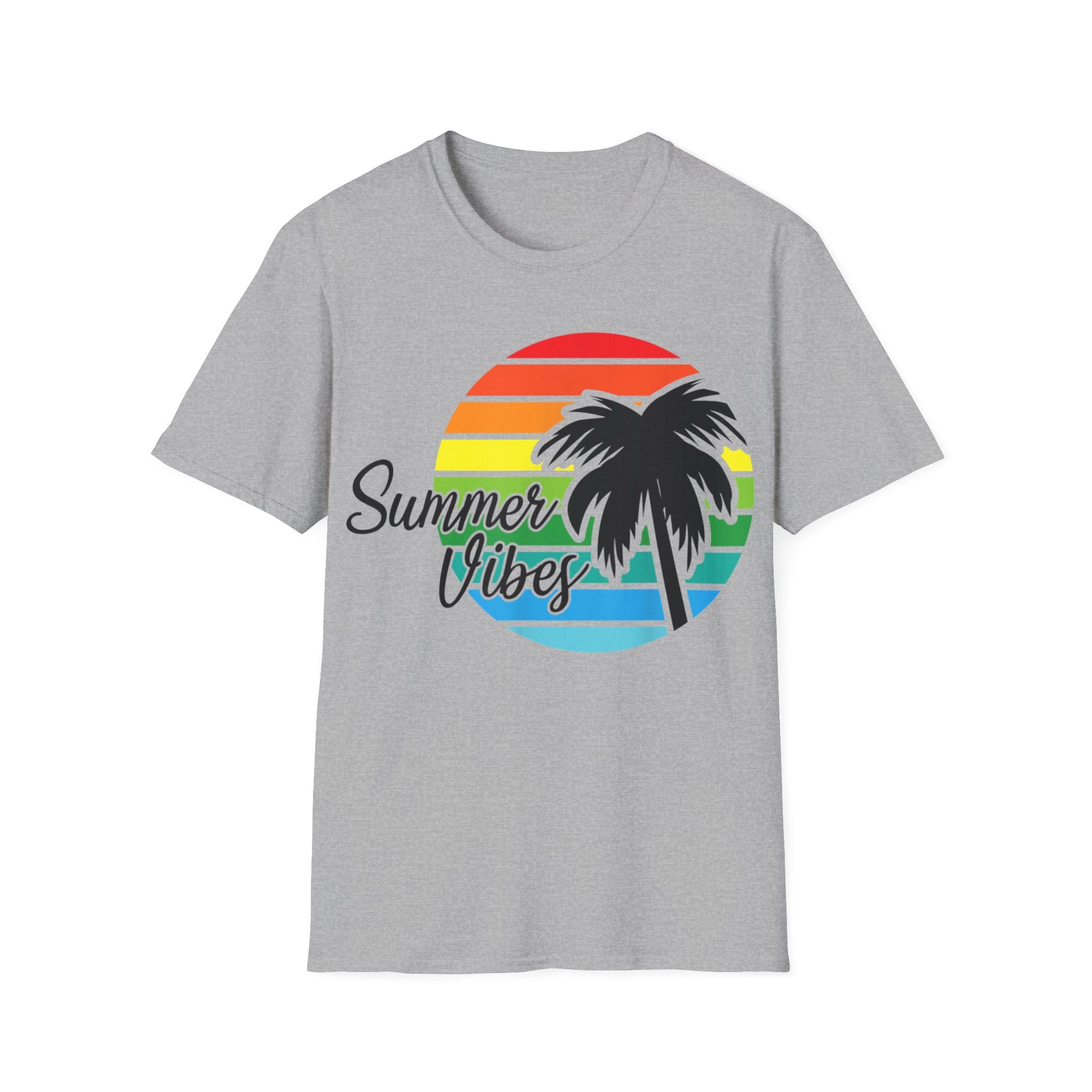 Рэтра-пляжная летняя атмасфера, закат і пальмы, унісекс, мяккая футболка - plusminusco.com
