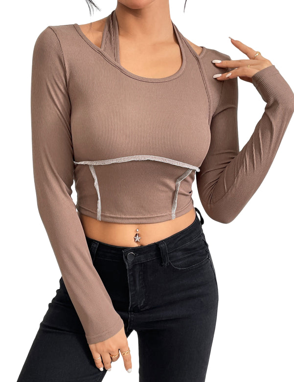 Slim fit knitted long sleeved sewing thread exposed hanging neck T-shirt fashion top - plusminusco.com