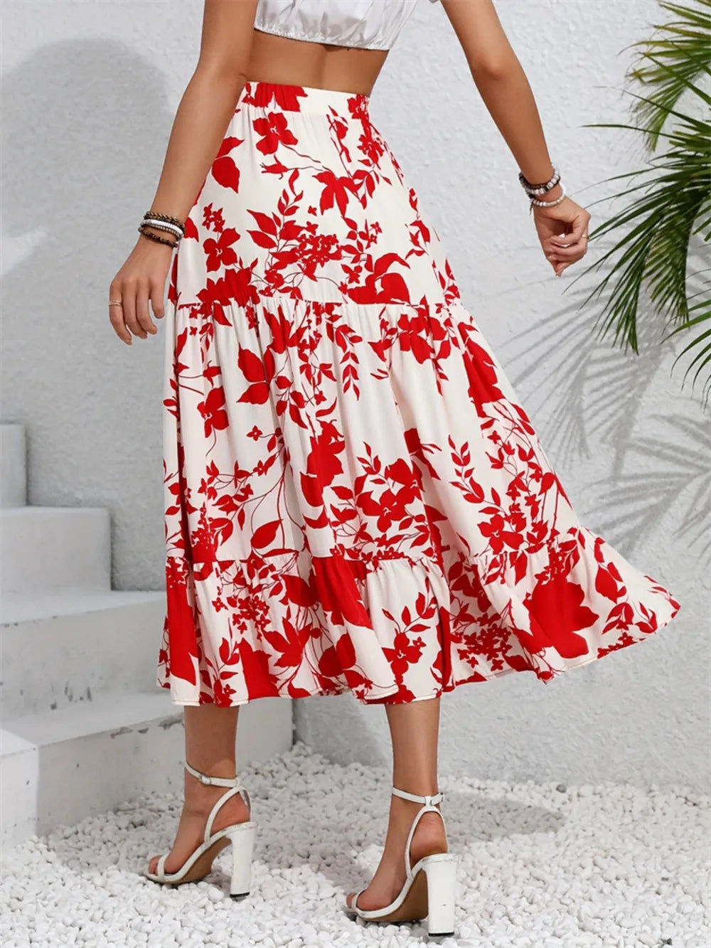 Ruffled Hem Printed Midi Skirt