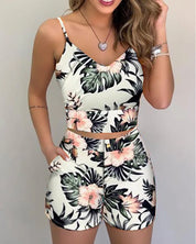 2Pieces Sets Summer Women Shorts Suits Office Lady Floral Strap Tank Crop Top+High Waist Button Shorts Female Outfits