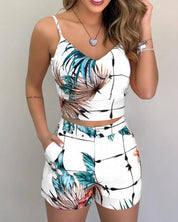 2Pieces Sets Summer Women Shorts Suits Office Lady Floral Strap Tank Crop Top+High Waist Button Shorts Female Outfits