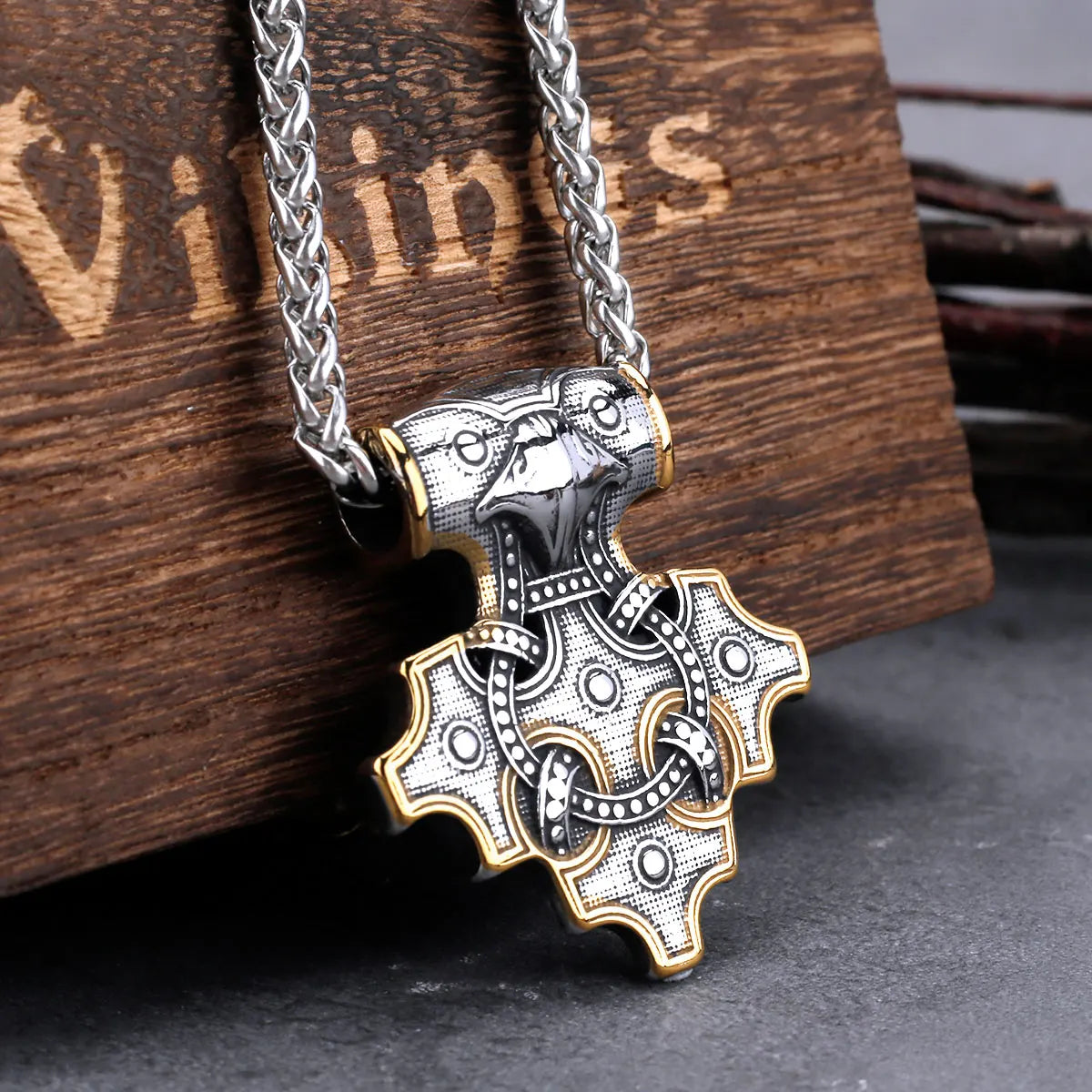 Vintage Viking Odin Raven Mjolnir Thors Hammer Necklace