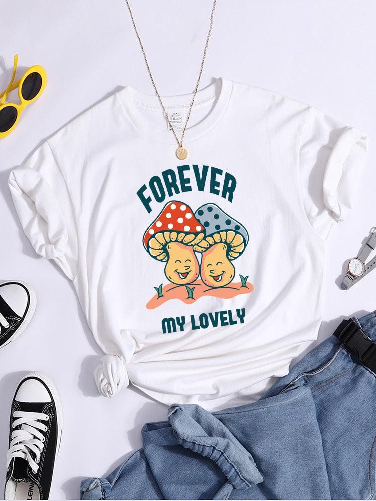 Forever My Lovely Cartoons Champignon Femme T Shirt Été Confortable Manches Courtes Coréen Vintage Vêtements Mode Casual Tshirt - plusminusco.com