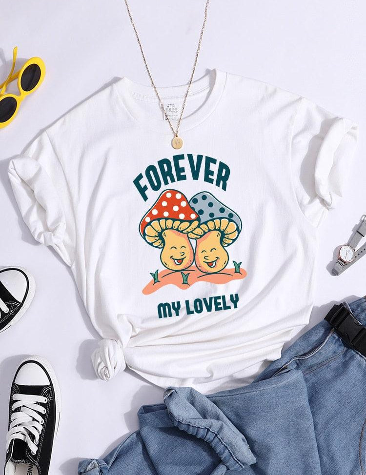 Forever My Lovely Cartoons Mushroom Female T Shirt Summer Comfortable Short Sleeve Korean Vintage Clothing Fashion Casual Tshirt - plusminusco.com