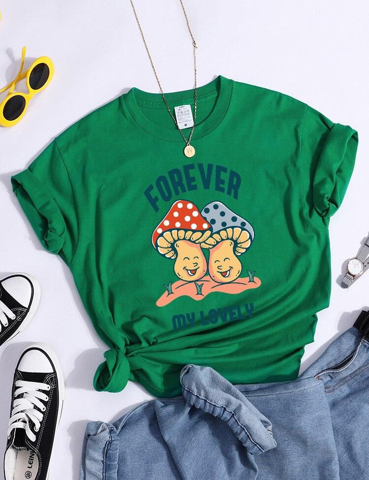 Forever My Lovely Cartoons Mushroom Female T Shirt Summer Comfortable Short Sleeve Korean Vintage Clothing Fashion Casual Tshirt - plusminusco.com