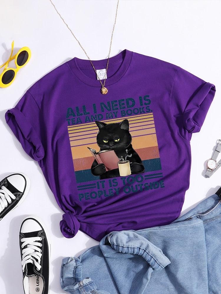 私に必要なのはお茶と本だけです外は人が多すぎる黒猫女性 Tシャツシックなブランド Tシャツソフトトップス O ネックデイリー Tシャツ - plusminusco.com