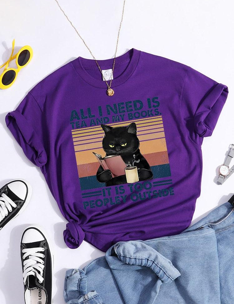 Viss, kas man ir vajadzīgs, ir tēja un manas grāmatas. Ārā ir pārāk populāri melnu kaķu sieviešu T-krekls Šiks zīmola T krekls Mīksti topi ar O veida kakla ikdienas T-krekli - plusminusco.com