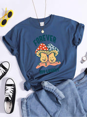 Forever My Lovely Cartoons Moteriški marškinėliai su grybais Vasariniai patogūs trumpomis rankovėmis korėjietiški vintažiniai drabužiai Madingi laisvalaikio marškinėliai - plusminusco.com