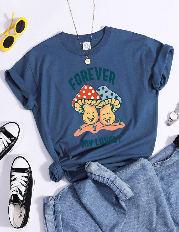 Forever My Lovely Cartoons Mushroom Female T Shirt Summer Comfortable Short Sleeve Korean Vintage Clothing Fashion Casual Tshirt - plusminusco.com