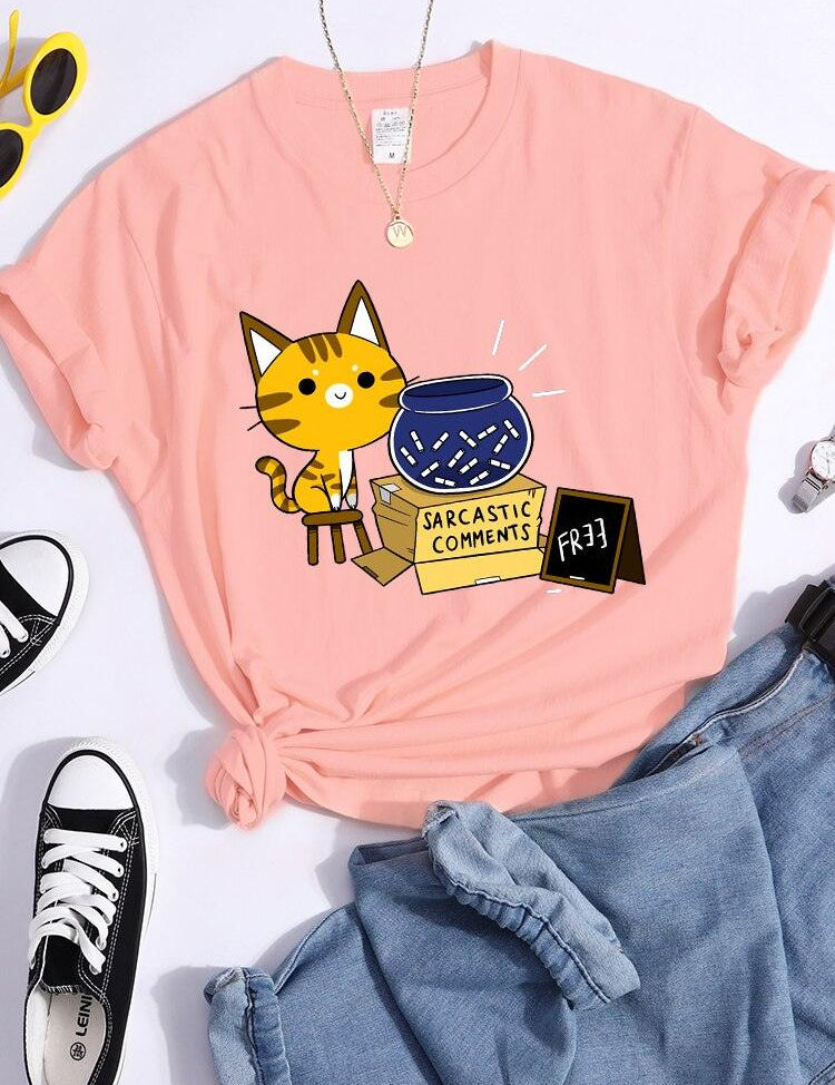 Sarcastic Comments Kawaii Cat T-Shirt Women Fashion Casual T Shirts Street Hip Hop Crop Top Cool Sport Breathable Female Tshirts - plusminusco.com