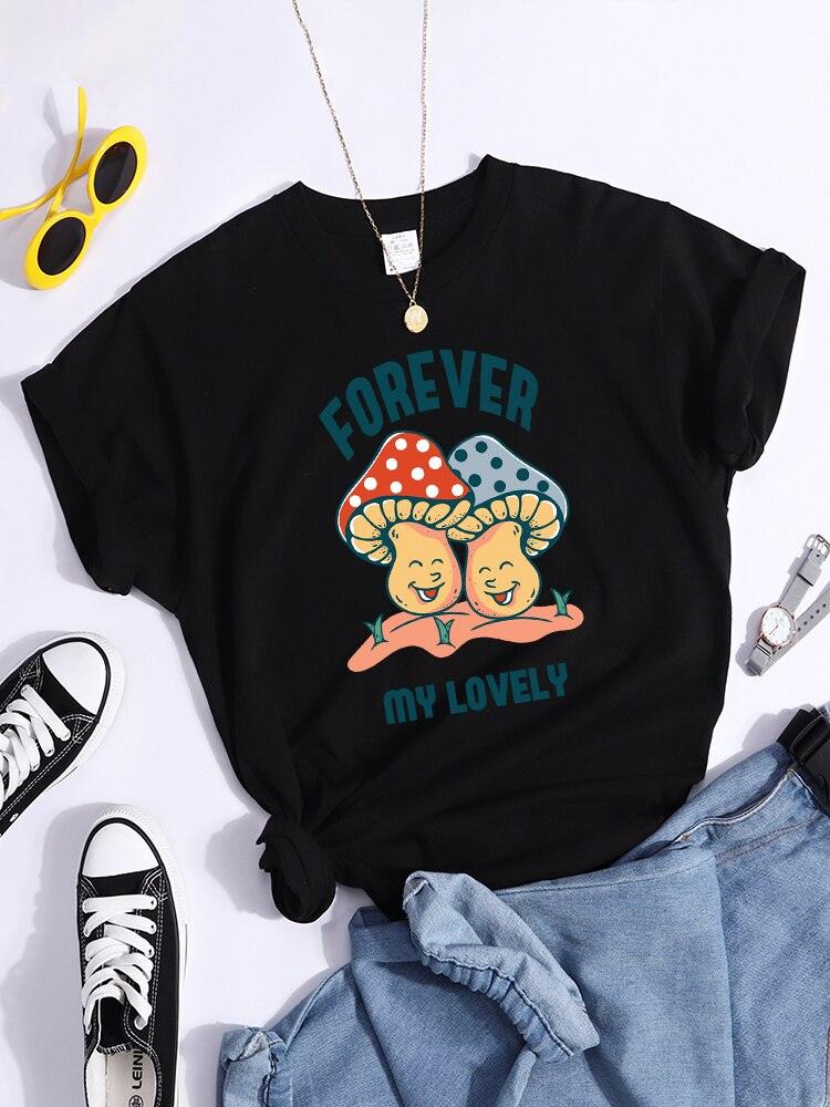 Forever My Lovely Cartoons Champignon Femme T Shirt Été Confortable Manches Courtes Coréen Vintage Vêtements Mode Casual Tshirt - plusminusco.com