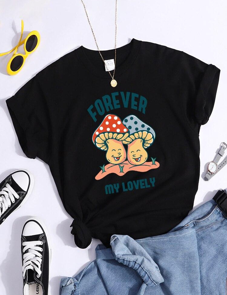 Forever My Lovely Cartoons Mushroom Female T Shirt Summer Comfortable Short Sleeve Korean Vintage Clothing Fashion Casual Tshirt - plusminusco.com