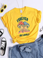 Forever My Lovely Cartoons Moteriški marškinėliai su grybais Vasariniai patogūs trumpomis rankovėmis korėjietiški vintažiniai drabužiai Madingi laisvalaikio marškinėliai - plusminusco.com
