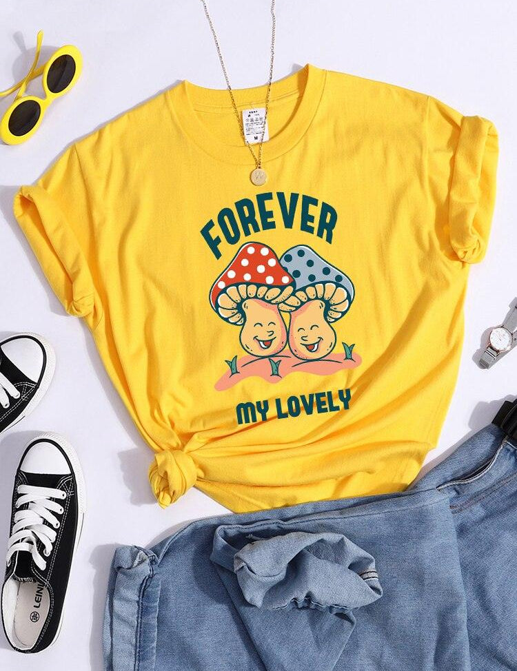 Forever My Lovely Cartoons Mushroom Female T Shirt Summer Comfortable Short Sleeve Korean Vintage Clothing Fashion Casual Tshirt - plusminusco.com