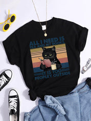 Tek İhtiyacım Var Çay Ve Kitaplarım Dışarısı Çok İnsanlı Kara Kedi Kadın T-Shirt Şık Marka Tshirt Yumuşak Üstler O-Boyun Günlük Tees - plusminusco.com