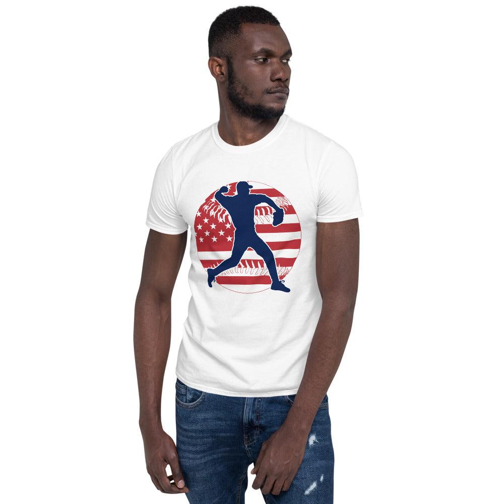 Baseball player, red white and blue  Unisex T-Shirt - plusminusco.com