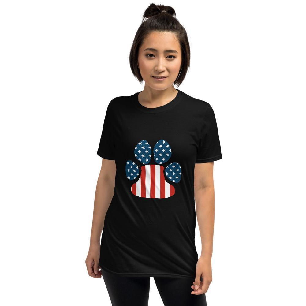 T-shirt unisex z flagą USA i łapą psa - plusminusco.com