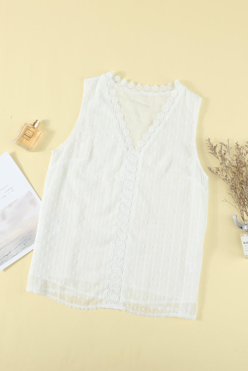 White Crochet V Neck Textured Tank Top