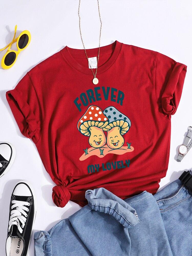 Forever My Lovely Cartoons Champignon Femme T Shirt Été Confortable Manches Courtes Coréen Vintage Vêtements Mode Casual Tshirt - plusminusco.com