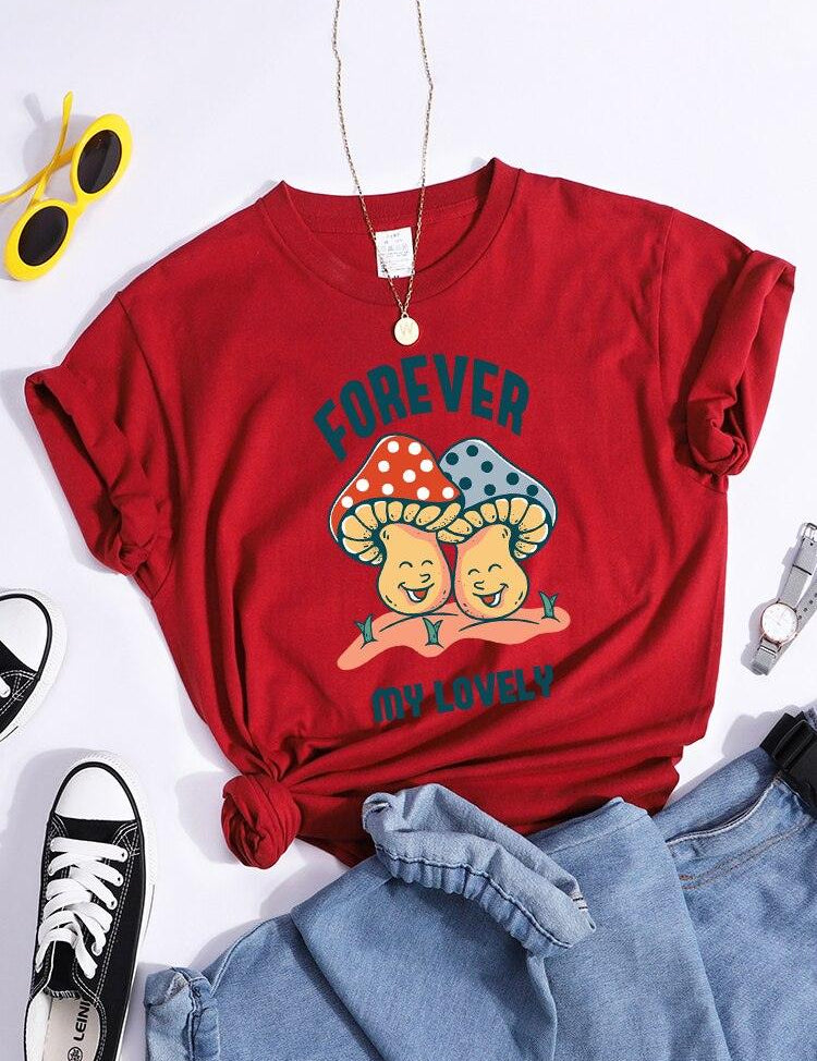 Forever My Lovely Cartoons Mushroom Female T Shirt Summer Comfortable Short Sleeve Korean Vintage Clothing Fashion Casual Tshirt - plusminusco.com