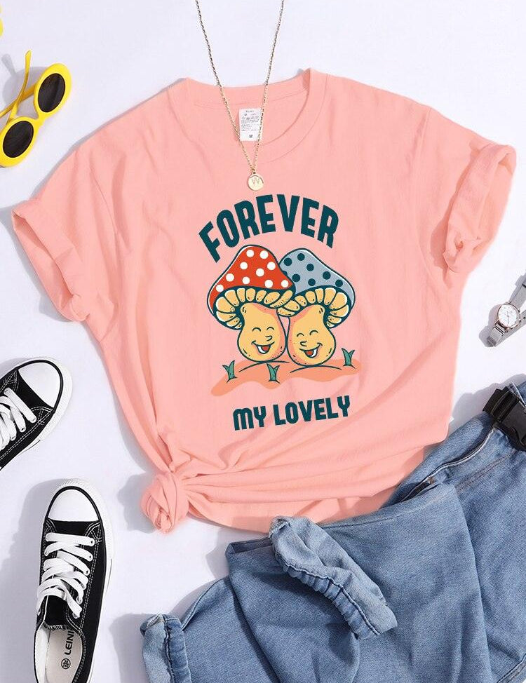 Forever My Lovely Cartoons Mushroom Female T Shirt Summer Comfortable Short Sleeve Korean Vintage Clothing Fashion Casual Tshirt - plusminusco.com