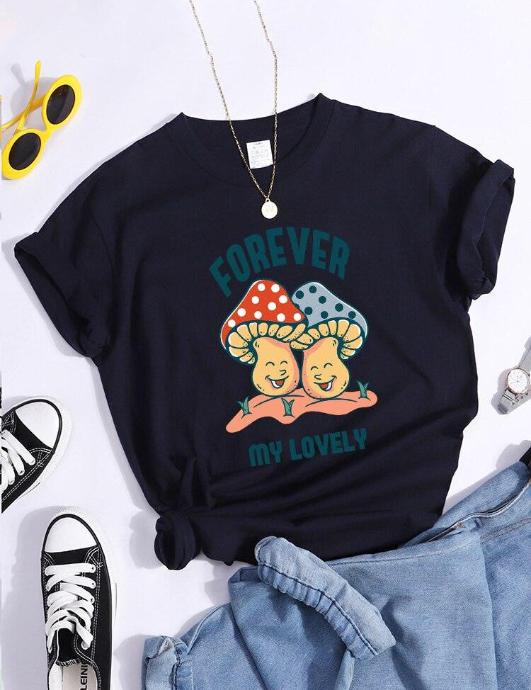 Forever My Lovely Cartoons Mushroom Female T Shirt Summer Comfortable Short Sleeve Korean Vintage Clothing Fashion Casual Tshirt - plusminusco.com