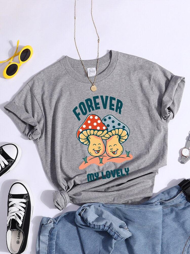 Forever My Lovely Cartoons Champignon Femme T Shirt Été Confortable Manches Courtes Coréen Vintage Vêtements Mode Casual Tshirt - plusminusco.com