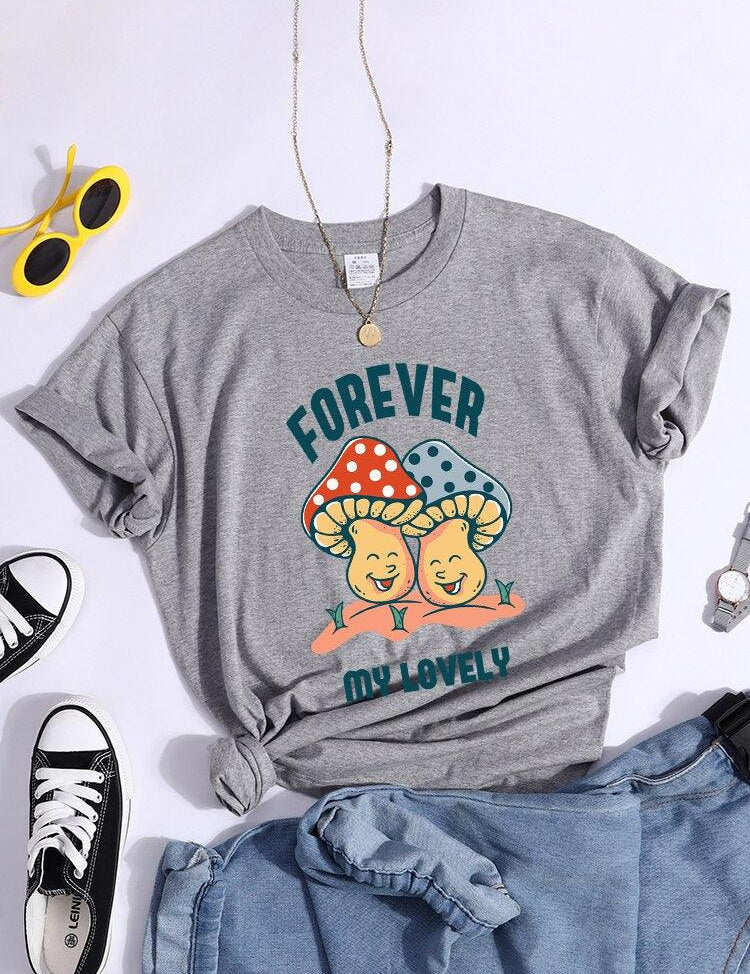 Forever My Lovely Cartoons Mushroom Female T Shirt Summer Comfortable Short Sleeve Korean Vintage Clothing Fashion Casual Tshirt - plusminusco.com