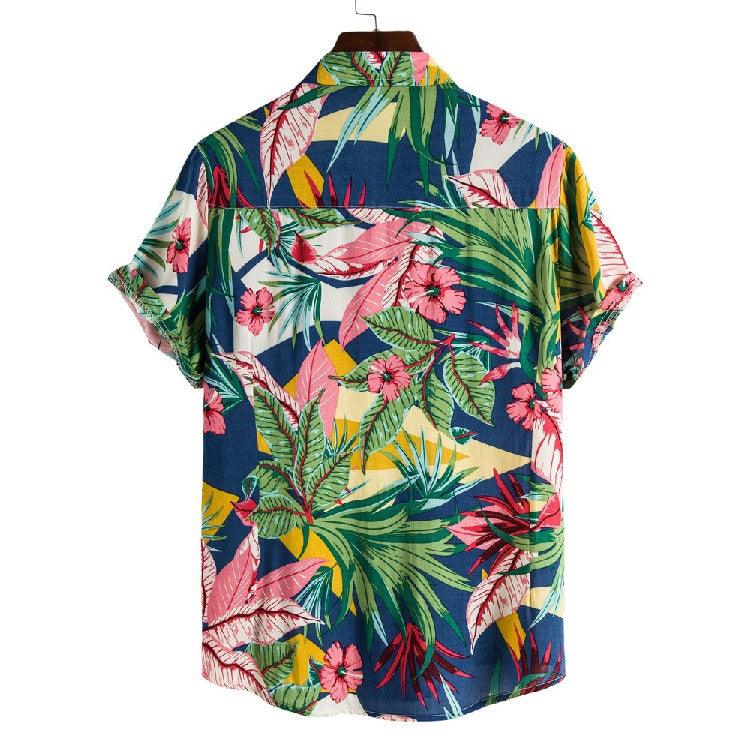 Havaju ikdienišķs vīriešu pludmales krekls ar īsām piedurknēm ar pogu uz leju ar ziedu tropu apdruku pludmales krekls — plusminusco.com