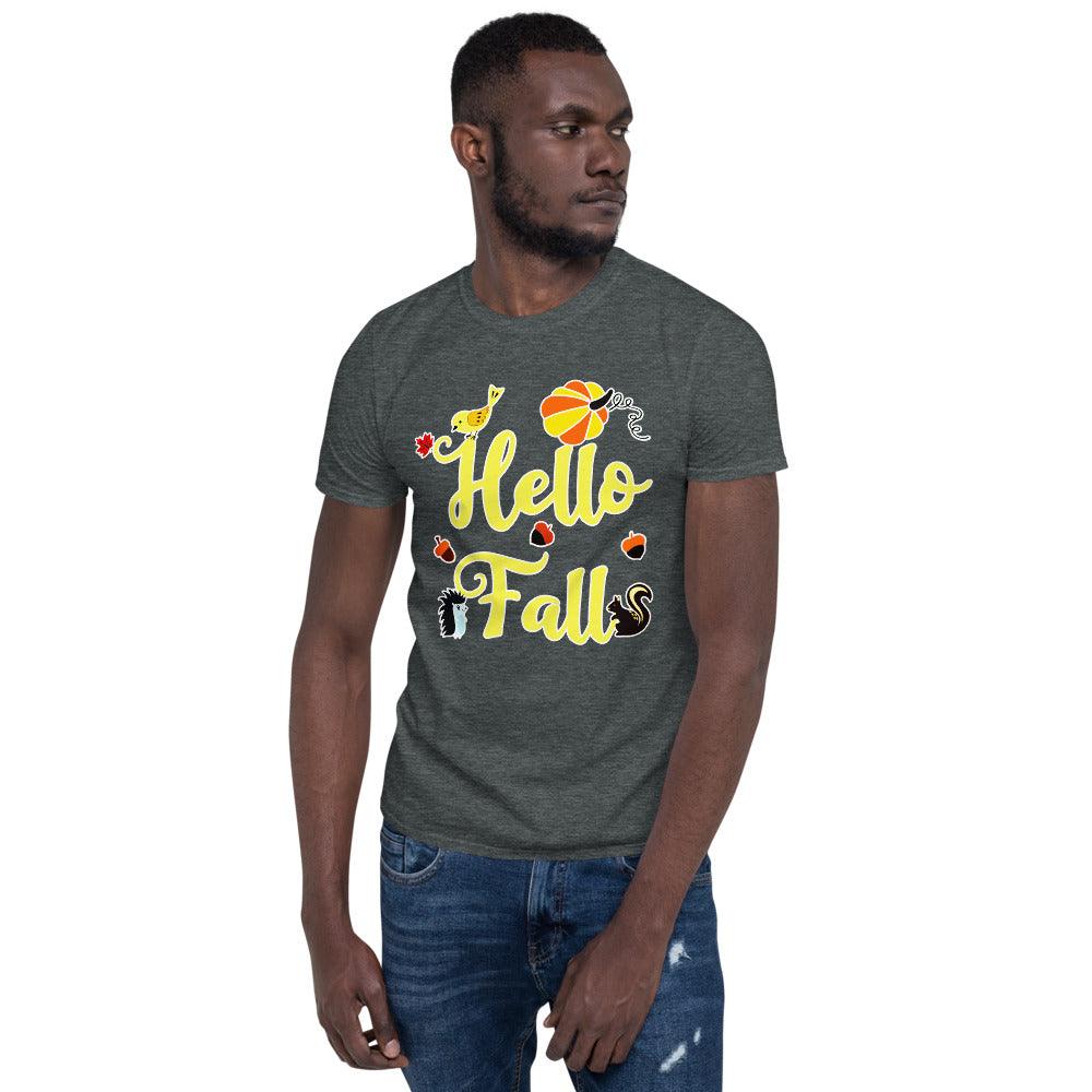 قميص Hello FALL بأوراق الخريف، قميص اليقطين لعيد الشكر، تي شيرت الخريف للجنسين - plusminusco.com